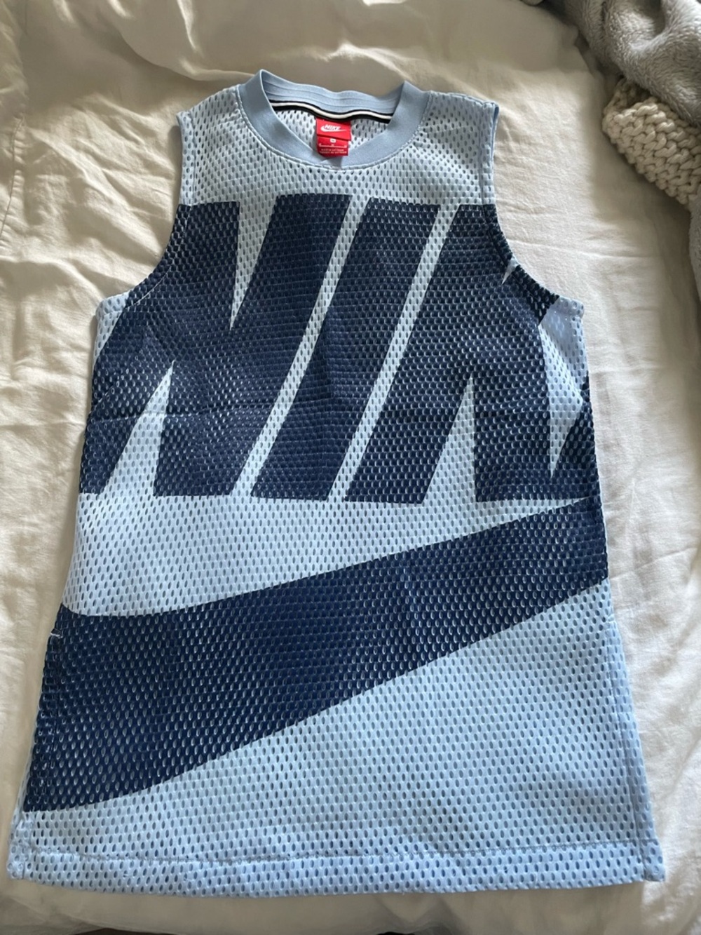 Nike Light Blue Mesh Tank with Navy Swoosh